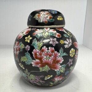 VTG Black Chinese Export Ginger Jar Lid Hand Painted Floral Decorative Porcelain